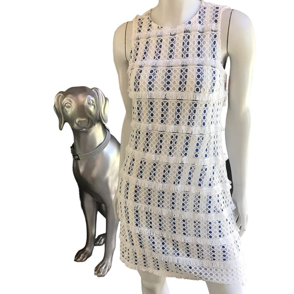 NEW Vince Camuto Lace Fringe Blue White Striped Dress Women's Size 4 NWT $168